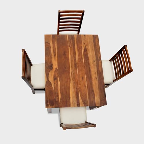 Image of SHYAM ART & CRAFT 4 Seater Dining Table Set in Sheesham Wood with Cushioned Chairs | Solid Wooden Dining Table for Home & Kitchen | Space Saving Modern Furniture for Dining Room | Brown