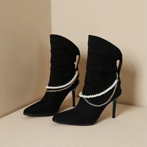 Women's Fashion Pointed Toe Ankle Boots Sexy Stiletto Heel Comfortable Mid-Calf Boots Elegant Pearl String Short Boots Slip on Party Dress Suede Pumps Shoes4
