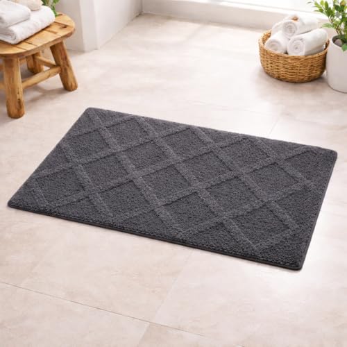 Image of Premium Combed Cotton Tufted Bathmat 50 x 80 cm, 1800 GSM Soft Absorbent Anti Skid Bathroom Floor Mat with Latex Backing, Quick Dry Non Slip Bath Rug for Shower & Daily Use, Diamond Grey