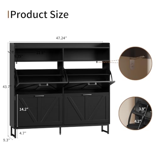 Image of Shoe Cabinet with 4 Flip Drawers, Freestanding Hidden Shoe Storage Organizer for Entryway, Narrow Slim Shoe Rack Cabinet with Open Storage & Hooks for Front Door Entrance, Living Room, Hallway, Black