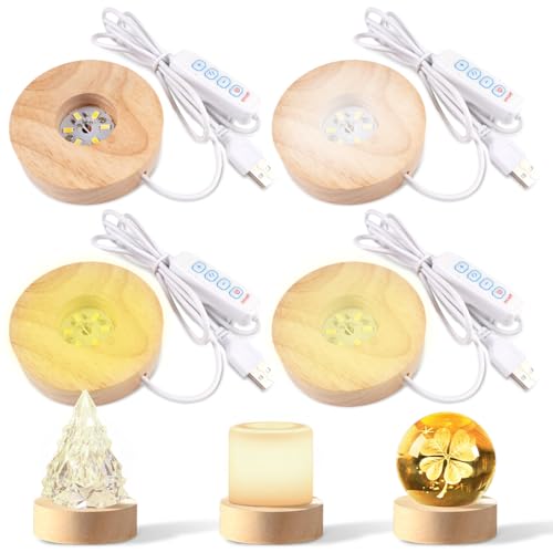 WhizNook 4 Pièces Socles Lumineux LED en Bois, Base D'affichage Lumineuse Ronde, Socle Lumineux led, 3 Couleurs Réglables avec Interrupteur USB, pour Cristal Verre...