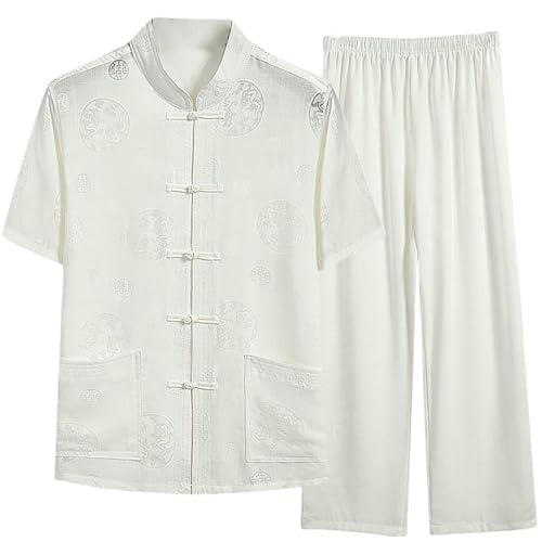 Ensemble tang homme en coton lin blanc vêtement chinois été léger