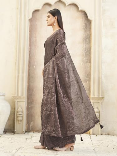 Womanista Women's Organza Metallic Copper Colored Crushed Pallu Burberry Half And Half Saree(Ti6855_Copper_Onesize)