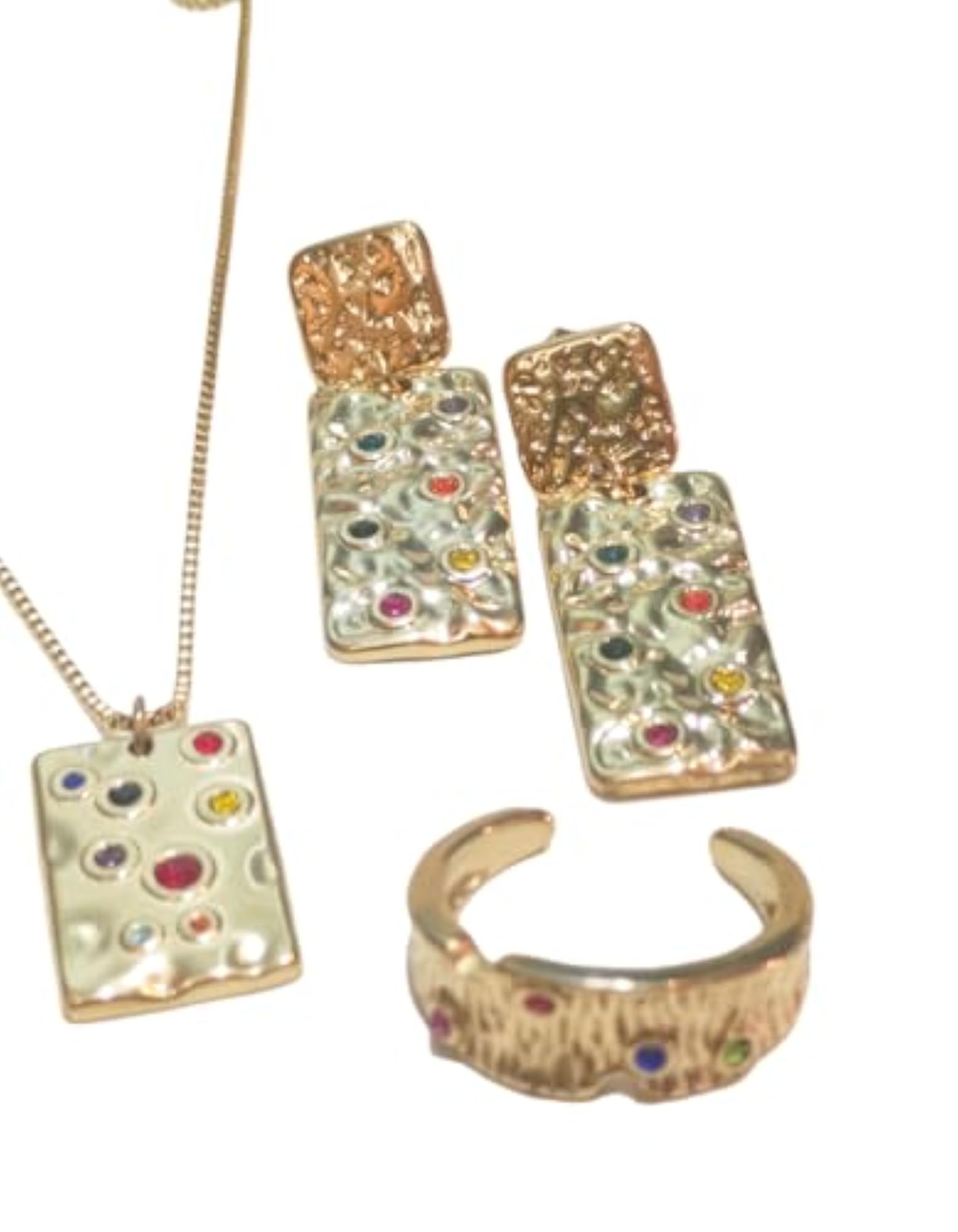 Handcrafted Multi-Gemstone Pendant Necklace, Drop Earrings & Cuff Bracelet Set