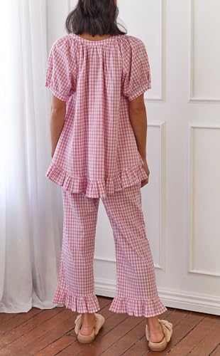 Image of Argeousgor Women Plaid 2 Piece Pajama Set Button Down Puff Sleeve Babydoll Shirt Gingham Pants Pj Lounge Set Sleepwear