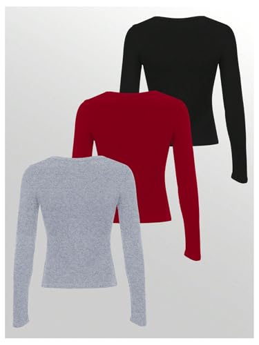 SOLY HUX Women's Long Sleeve Henley Shirts 3 Packs Button Down Scoop Neck Fitted Tees Tunic Tops2