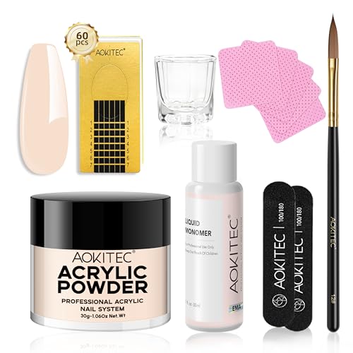 Aokitec Kit Uñas Acrilicas, 30g de Polvo Acrílico con Monomero Acrilico de Uñas Accesorios para Uñas, Portable Mini Acrilico para Uñas, Set Uñas Acrilicas, Regalo Mujer, Color Desnudo