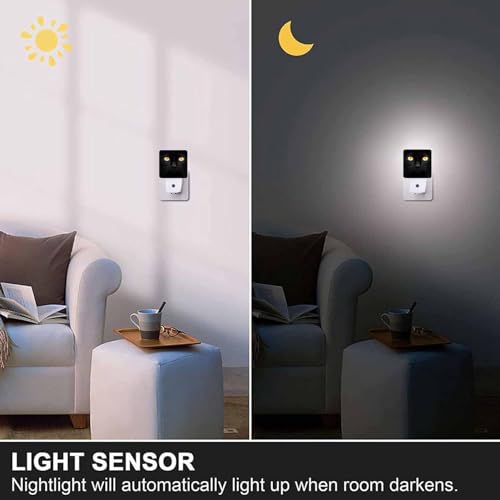 Image of LED Night Light,Black White Cat Face Close Up Crop LED Night Light Plug into Wall with Dusk to Dawn Light Sensor White Energy Efficient Nightlight for Bedroom Hallway Living Room Kitchen