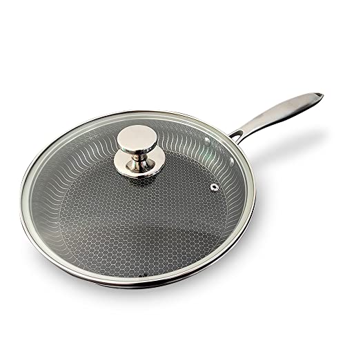 Image of U.P.C. UPC 28cm Hybrid Stainless Steel Frying Pan with Cooking Lid - Stay-Cool Handle, PFOA Free, Dishwasher and Oven Safe, Non-Stick, Works with Induction Cooktop, Gas, Ceramic, and Electric Stove