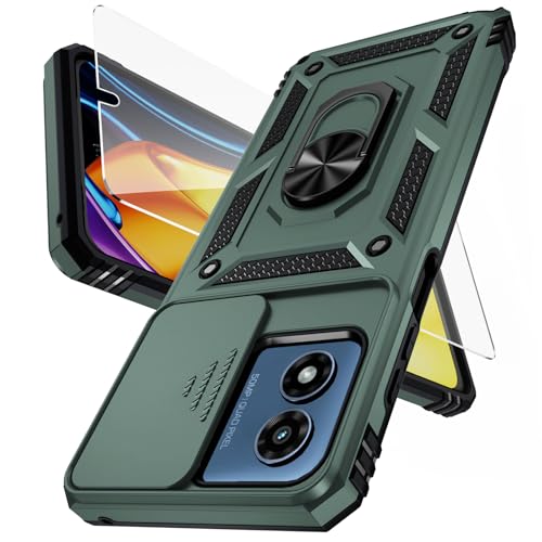 Weycolor for Moto G Play 2024 Case with Camera Lens Cover HD Screen Protector, 10 FT Military Grade Drop Protection, Magnetic Ring Holder Kickstand Protective Phone Case, Pine Green