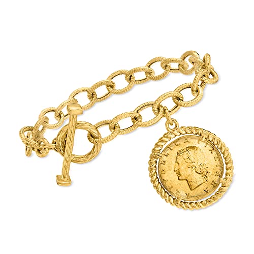 Ross-Simons Italian 18kt Gold Over Sterling Replica Lira Coin and Oval-Link Toggle Bracelet