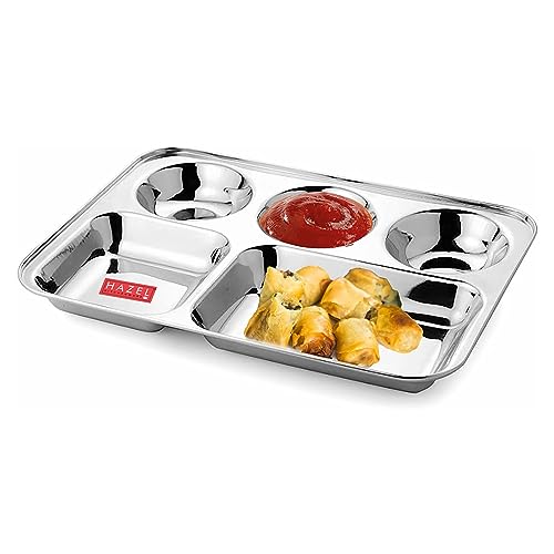 Image of HAZEL Stainless Steel Compartment Mess Plate | Steel Rectangle Bhojan Thali with Round Holes, Set of 6