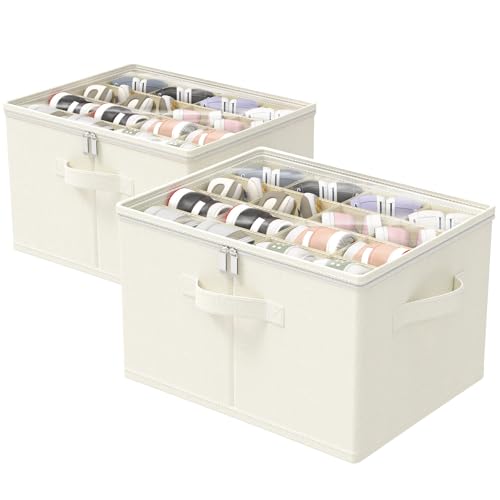 2-Pack Large Beige Shoe Organizer with Clear Cover - Fits 16-32 Pairs, Space-Saving Storage Bins
