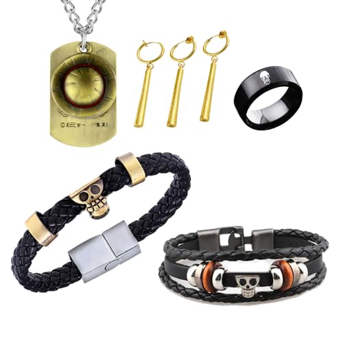 YouU TFYU Anime OP Cosplay Jewelry Ring Set Straw pirate Hat Rufffy Necklace PU Leather Bangle Skeleton Bracelet Wristband (Z.ro Earrings No Piercing Required) with Stickers Total 27 pcs