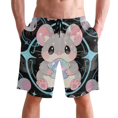 Men's Swim Trunks Quick Dry Swimming Shorts with Pocket Cute Mouse Holding Crystal Ball Swimsuit Trunks - Main Image