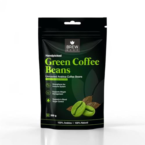 Image of Brewsaga Unroasted Arabica Pure Green Coffee Beans Whole | Weight Management & Detox For Men & Women | Chlorogenic Acid for Natural Weight Loss | Body Detoxification Powder | 200g | Pack of 1