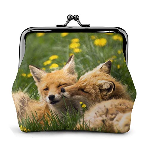 がま口 財布 小銭入れ 2つの狐 動物 草 夏 化粧ポーチ コインケース 収納バッグ ミニポーチ 革 レザー 大容量 柔らかい 丸形 便利 軽量 小物入れ