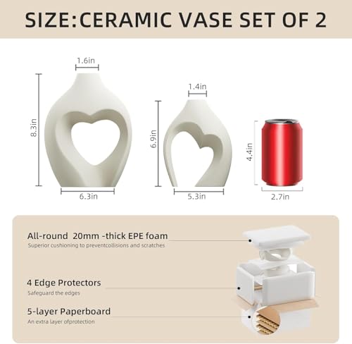 Image of PUREZENTO Unique White Donut Heart Ceramic Vase 8.3 & 6.9 Inch - Set of 2 | Decorative Heart Donut Vase for Dried Flowers & Pampas Grass | Vases for Modern Home Decor, Living Room, Office Decor Ideas