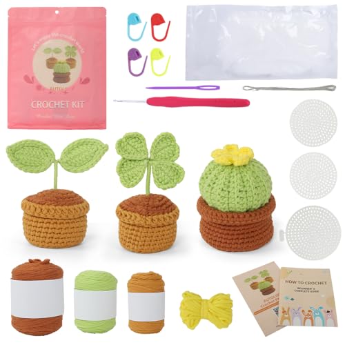 Image of Autglint Potted Plant Crochet Kit for Beginners, Learn to Crochet Starter Kit with Pre-Started Yarn & Easy-to-Follow Video Tutorials, DIY Amigurumi Animal Kit for Adults Kids Gift