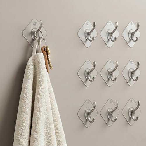 Image of Self Adhesive Wall Hooks - No Drill, Waterproof & Rustproof |Wall Hanging for Kitchen Tools, Bathroom, Bedroom Products Door Organizers Accessories Items |Easy Install (Transparent PO10)