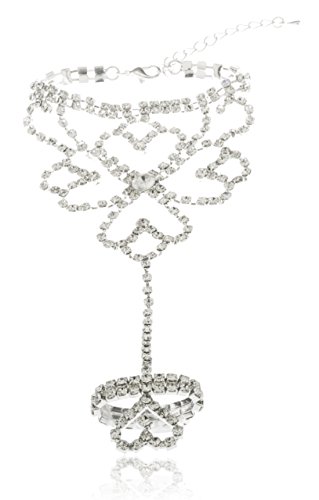 Silvertone Iced Out Multi Heart Style Adjustable Finger Ring Hand Chain Bracelet (J-90)