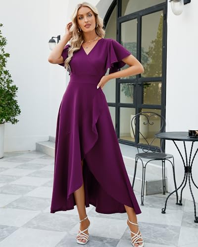 Image of Long Black Formal Dresses for Women Gowns Evening Party Cocktail Dress,Split Elegant V Neck Wrap Ruffle Wedding Guest Dresses