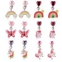 6 Paar Ohrclips für Mädchen, Ohrstecker-Set Ohne Ohrloch mit Ohrpolstern Süßes Schmetterlings-Kaninchen-Regenbogen-Design Ohrclips für Kinder Ohne Loch Schmuck als Geschenk