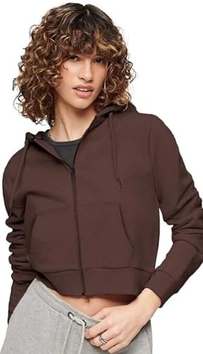 Image of Rabboni Women's Crop Fleece Hoodie Jacket | Full Sleeve Zip-Up Hooded Sweatshirt for Women & Girls | Soft Warm Casual Winter Wear Crop Hoodie