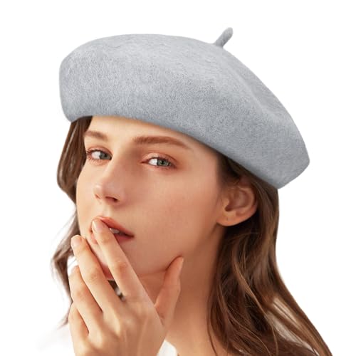 Gllutt Women Wool Beret Hat French Style Solid Color (Light Grey) — view 4