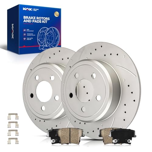 Image of KAX Rear Brake Kit, Drilled and Slotted Brake Rotors, Ceramic Brake Pads | Fits Dodge Charger 2006-2020, Chrysler 300 2005-2020, Dodge Challenger 2009-2020, Dodge Magnum 2005-2008