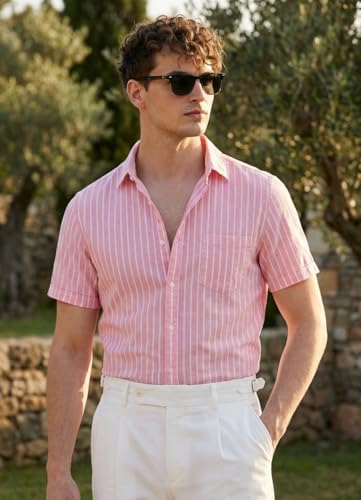 Image of Afflatus Men's Striped Half Sleeve Cotton Shirt | Slim Fit Casual Summer Shirt for Men | Lightweight Breathable Button-Down Shirt for Office and Travel