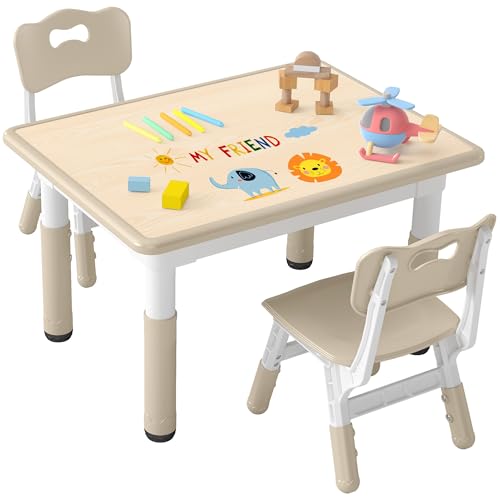 Image of DOREROOM Kids Table and 2 Chairs Set, Height-Adjustable Toddler Table and Chair Set with Graffiti Desktop, 31.5''L x 23.6''W Children Activity Table for Daycare, Classroom, Home