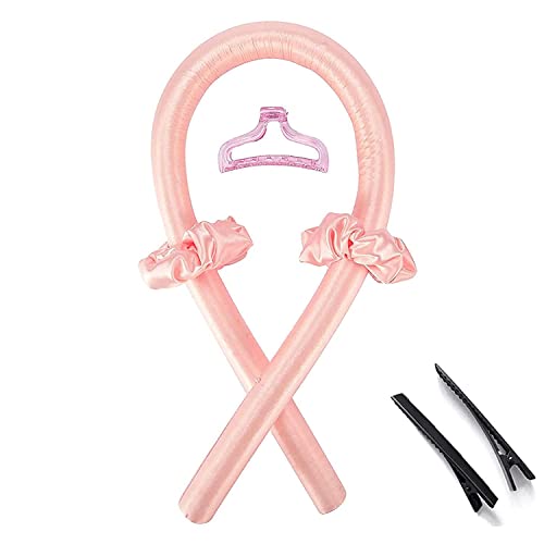Heatless Curling Rod Headband Lazy Heatless Hair Curlers For Long Hair, No Heat Silk Curls Headband Soft Foam Hair Rollers, Curling Ribbon and Flexi Rods for Natural Hair (Pink)