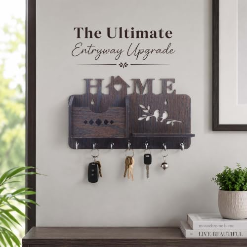 Image of Sehaz Artworks Room Decor | Wall Decor | Wooden Key Holder for Wall (MDF, 7 Hooks, Brown)