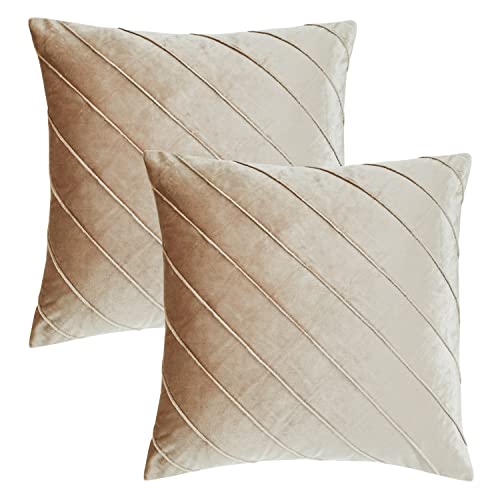 Image of GIGIZAZA Decorative Velvet Pillow Covers 18x18 , Set of 2 Champagne Sofa Couch Throw Pillows Covers Cases , Living Room Square Cushion Accent Stripe Covers