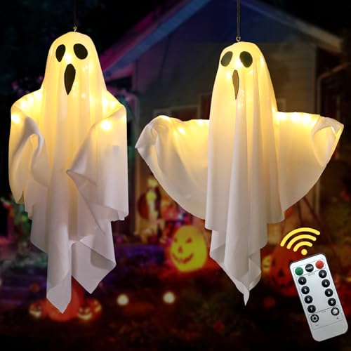 Lifnatty Halloween Hanging Ghost Lights with Remote Control – Floating Ghost Decorations with Timer, 8 Lighting Modes, Battery Operated for Scary Halloween Decor Indoor Outdoor (2-Pack)