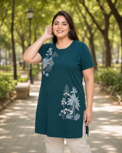 Image of In Love Women's Printed Cotton Plus Size Longline T-Shirt with Pockets | Cotton fabric - soft longline T-shirt with easy plus-size fit