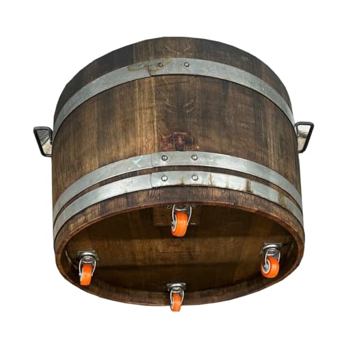Fassl Baron gebrauchtes Weinfass geölt,-Eisengriffe & 4X Rollen- D/H=70/40cm Holzfass halbiert aus Eiche als Pflanzkübel oder Miniteich (D70 H40 cm 100 Liter)