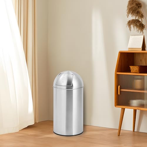 Image of Garvee Cylindrical Commercial Trash Can, 13 gal /50 L Fingerprint-Proof Stainless Steel Garbage Can with Push Lid, Heavy Duty Tall Waste Bin with Removable Inner Bucket for Outdoor, Commercial Use