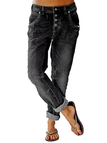 Image of Flamingals Women's Straight Leg Jeans Mid Rise Button Fly Stretchy Wash Stitch Detail 90s Casual Trendy Denim Jeans