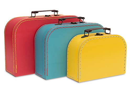 Jewelkeeper Paperboard Vintage Suitcase - Set Of 3 Decorative Vintage Luggage - Storage Cardboard Suitcase - Mini Luggage Gift Box For Birthday Or Wedding - Red, Turquoise, Yellow #TOP2