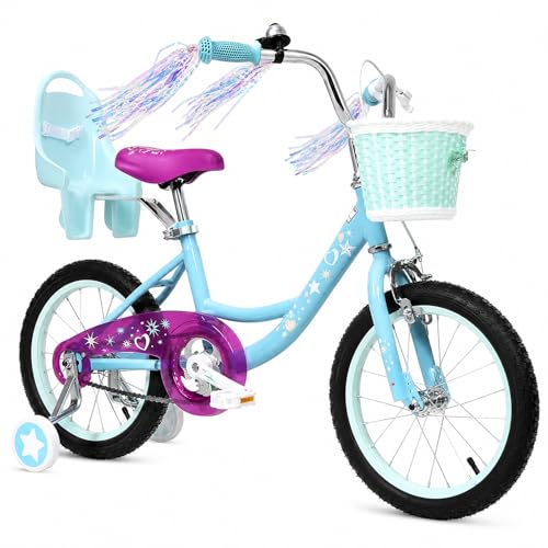 Yventix 16 Inch Kids Bike for Girls Ages 4-7 Training Wheels, Children Bicycle with Basket, Bell, Streamers, Coaster Brake, Adjustable Seat & Saddle, for Beginner Riders, Blue
