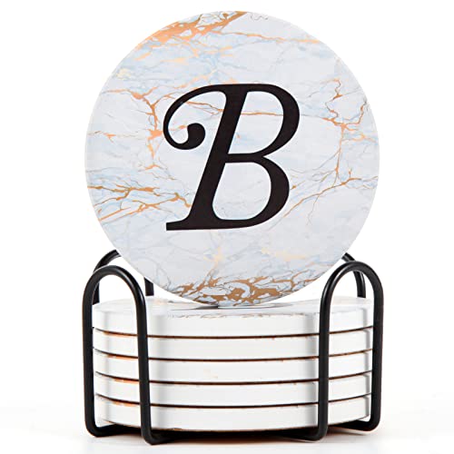 Monogrammed Coasters for Drinks Absorbents with Holder, Set of 6 Ceramic Marble Style Drink Coaster with Cork Base,Personalized Coasters Customizable with Name, Housewarming Gifts