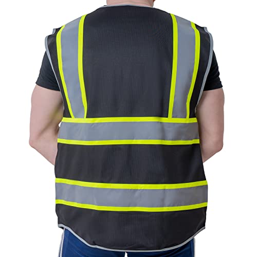Kazsaifo High Visibility Safety Vest With Reflective Strips 9 Pockets Hi-Vis Construction Vest Meets Ansi/Isea Standards (Kzd-Black, L) #TOP1