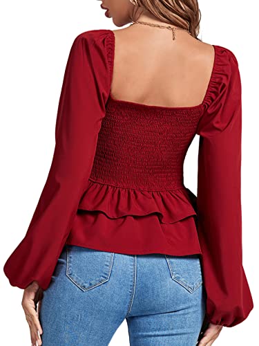 Umenlele Women’s Square Neck Lantern Long Sleeve Shirred Ruffle Hem Smocked Peplum Babydoll Blouse Shirt Top2