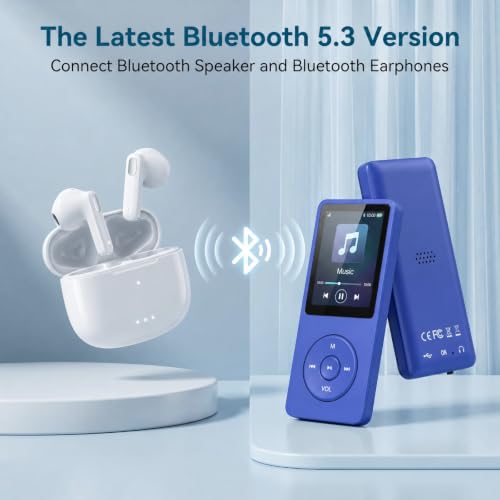 Image of BIGASUO 128GB Mini MP3 Music Player with Bluetooth 5.4 & Voice Control Earphones, Video Playback,Pocket-Sized MP3 Player for Music,Voice Recording,FM Radio, Blue