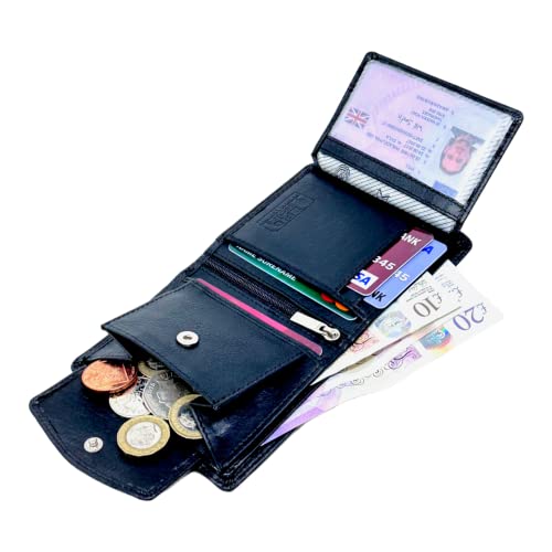 MORUCHA Black Compact Trifold Wallet For Mens | Genuine Soft Nappa Leather RFID Blocking | Zipped Pocket | Designed For Up To 6 Cards, ID, Coins And Cash | Gift Boxed | M-354