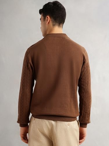 Image of Thomas Scott Men's | Regular Fit | Long Sleeves | Self Design | 100% Cotton | Button Closure | Dry Clean | Polo Collar | Knitted | T-Shirt