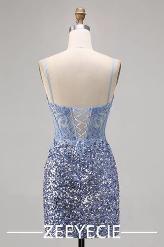 Zeeyecie Lace Applique Sequin Homecoming Dresses 2025 Spaghetti Straps Beaded Ruched Sparkly Short Prom Dress for Teens3