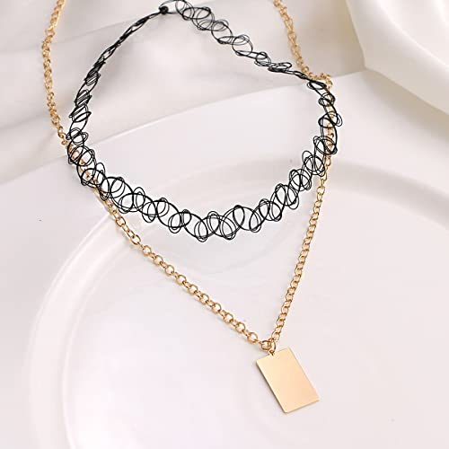 Image of Yellow Chimes Necklace For Women Black Spiraled Choker necklace With Long Gold Tone Chain Rectangular Charm Hanging Necklace For Women and Girls